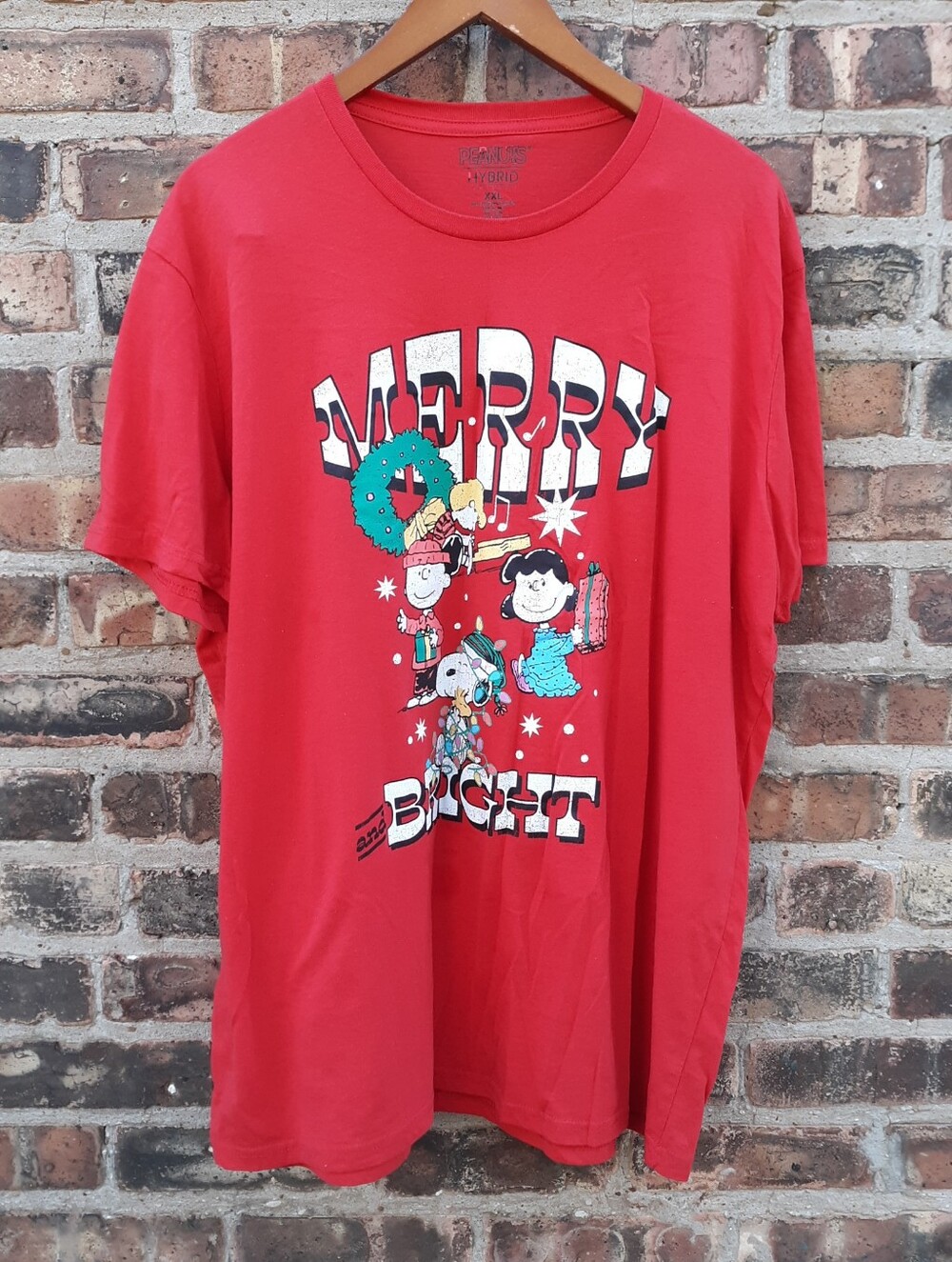 Peanuts Merry and Bright Christmas Shirt Mens XXL Red Charlie Brown Snoopy Tee